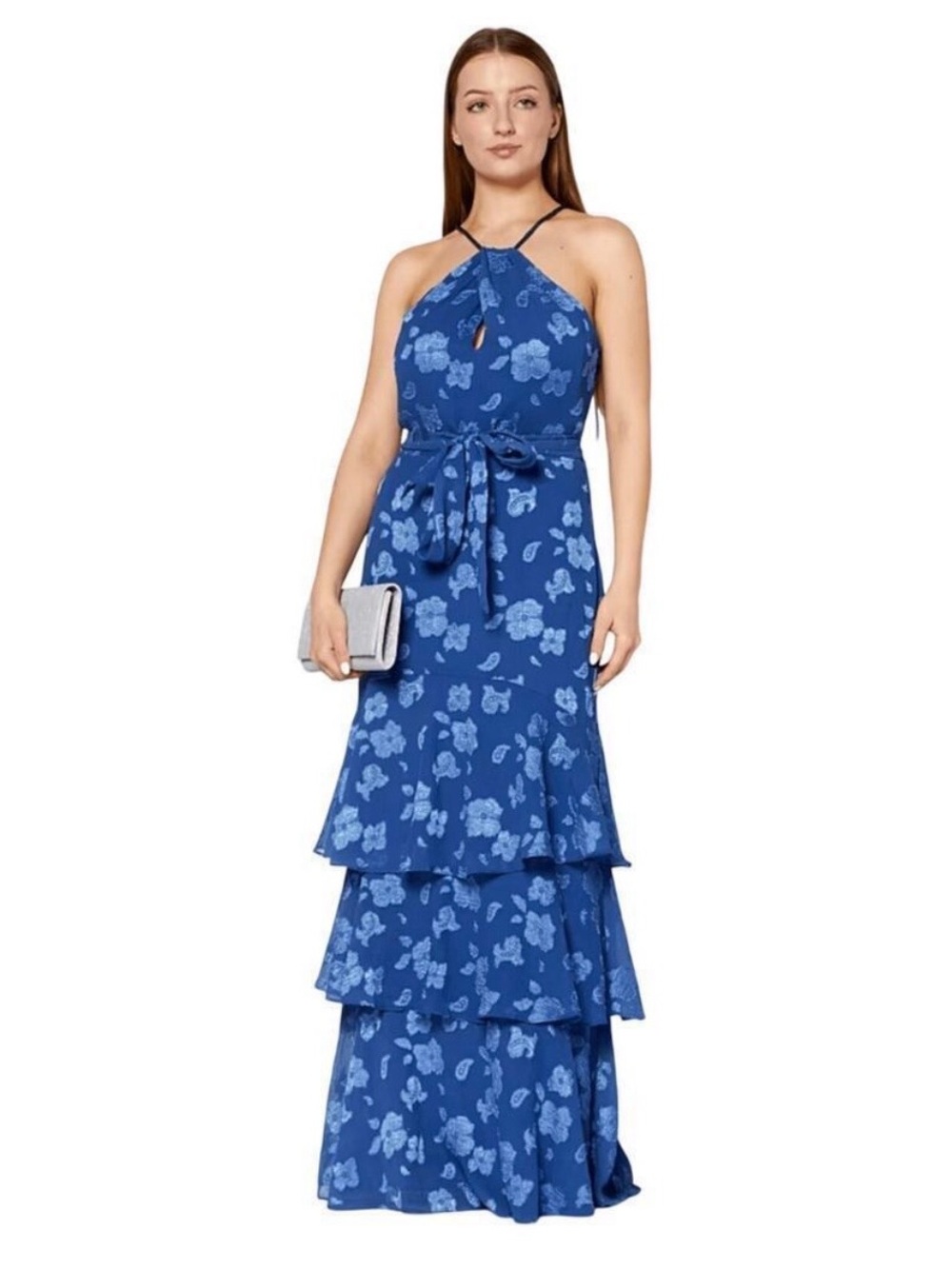 Lauren Ralph Lauren Avianna Sleeveless- Gown Blue Floral Halter Tiered Maxi